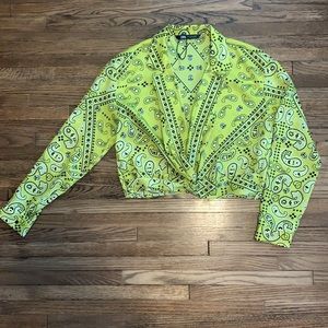 Zara Bandana Print Long Sleeve Crop Blouse, Neon Yellow, Size Small